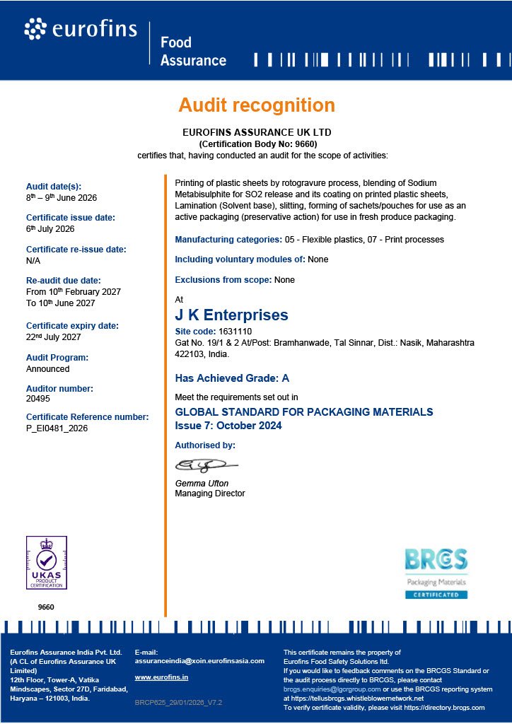 JK Enterprises BRCGS packaging certificate