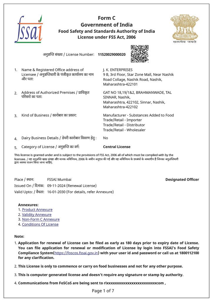 JK Enterprises FSSAI license