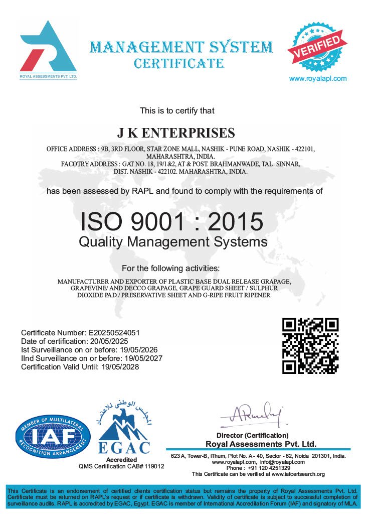 JK Enterprises ISO 9001 certificate