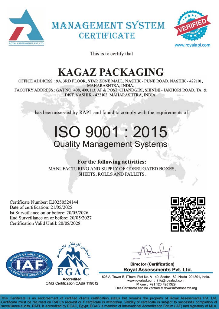 Kagaz Packaging ISO 9001 quality management certificate