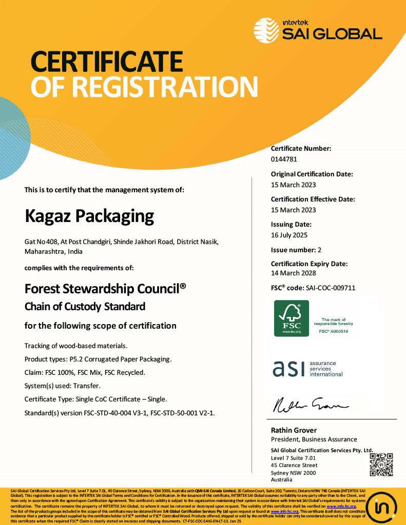 Kagaz Packaging FSC certificate